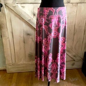 Boho patterned pink and peach colored long skirt. Grey for down by the Beach!!!
